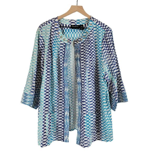 Maggie Barnes Blue Lagenlook 1X Linen Blend Swing Lightweight Open Front Jacket - Picture 8 of 8